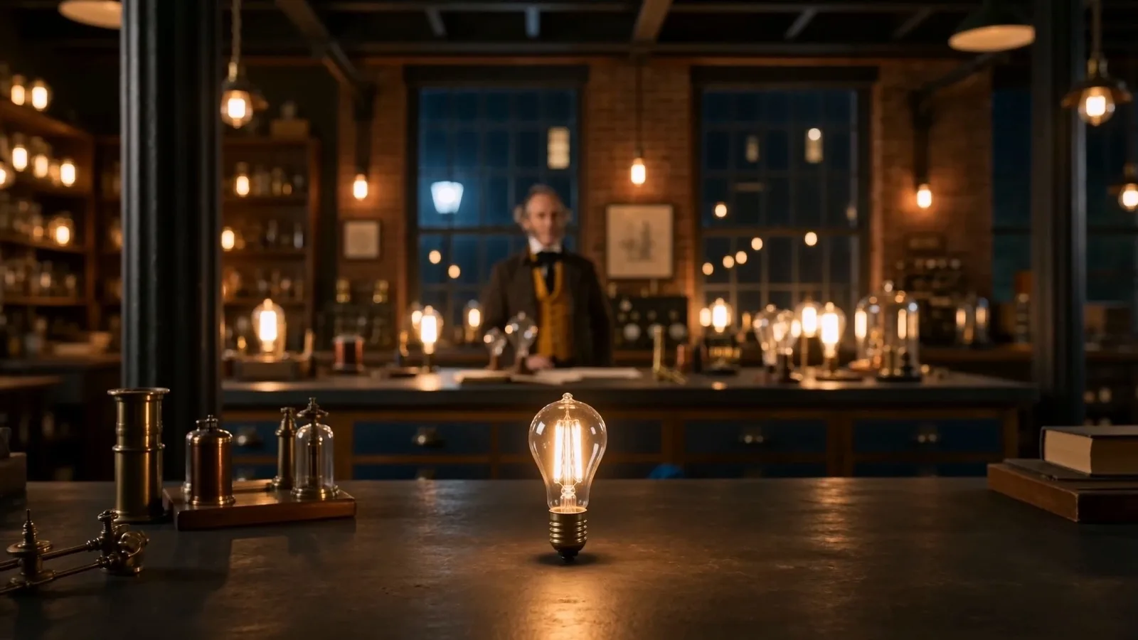 Higgsfield AI video still: a lightbulb glowing on a desk with Edison blurred behind