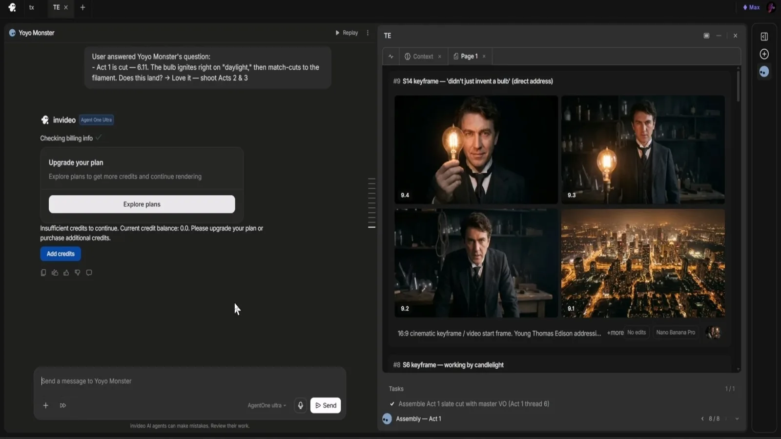 Invideo Agent One showing "Insufficient credits, balance 0.0, Add credits" mid-generation after $120 spent