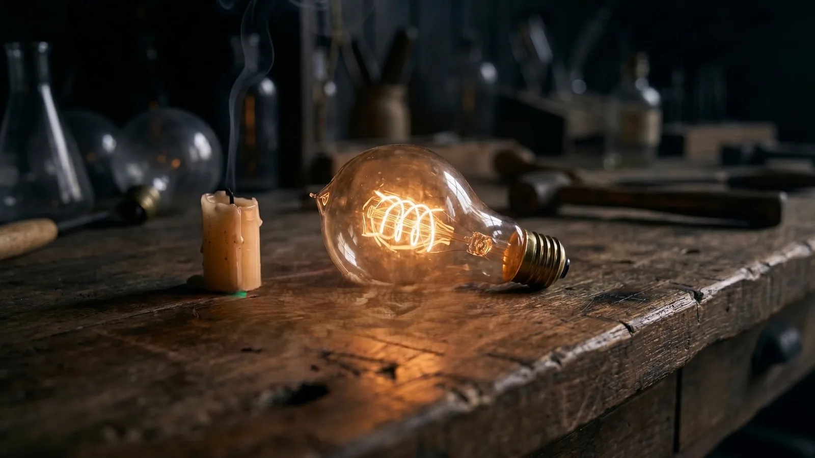 Invideo AI video still: a lightbulb illuminating itself on a desk, a physics artifact