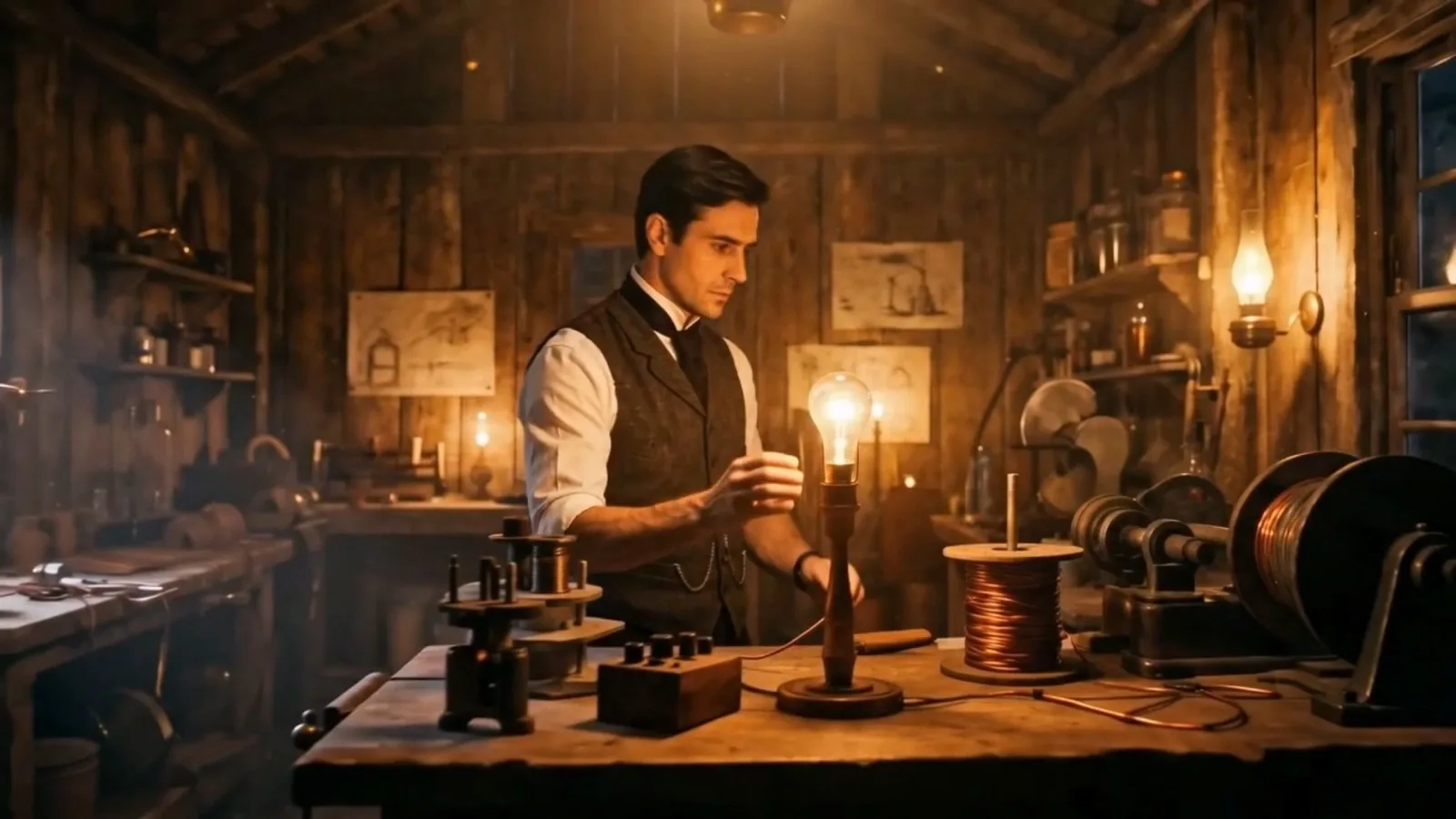 Pixo AI video final-cut still: Edison at his workbench with a lamp properly wired to a stand