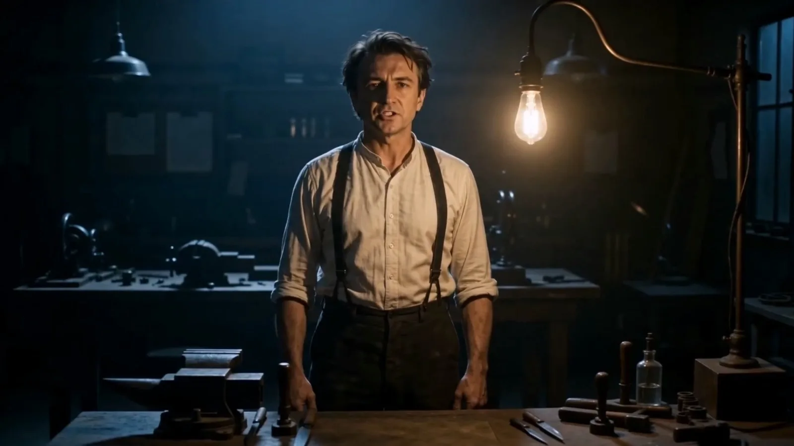 Runway AI video final-cut still: Edison in his lab beneath a glowing lightbulb