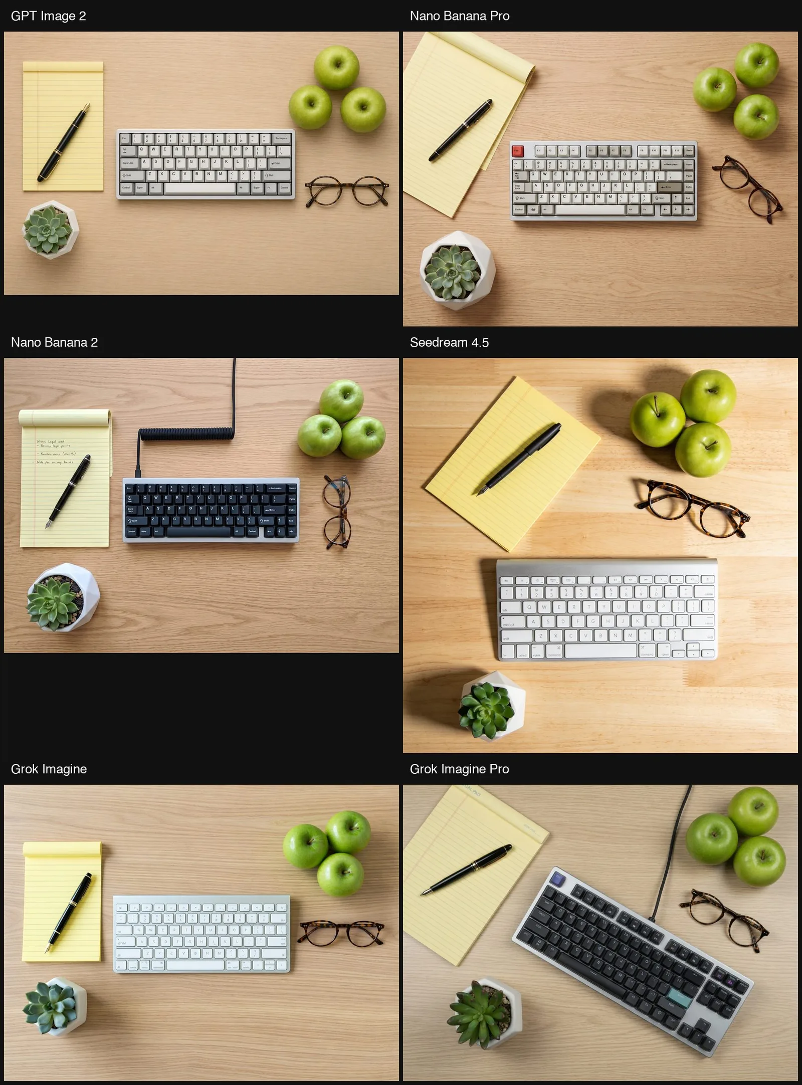 Sáu mô hình ảnh AI thử cùng một prompt chỉ dẫn flat lay tám vật thể, cho thấy mô hình nào thêm vật không được yêu cầu hoặc thay đổi vật đã chỉ định