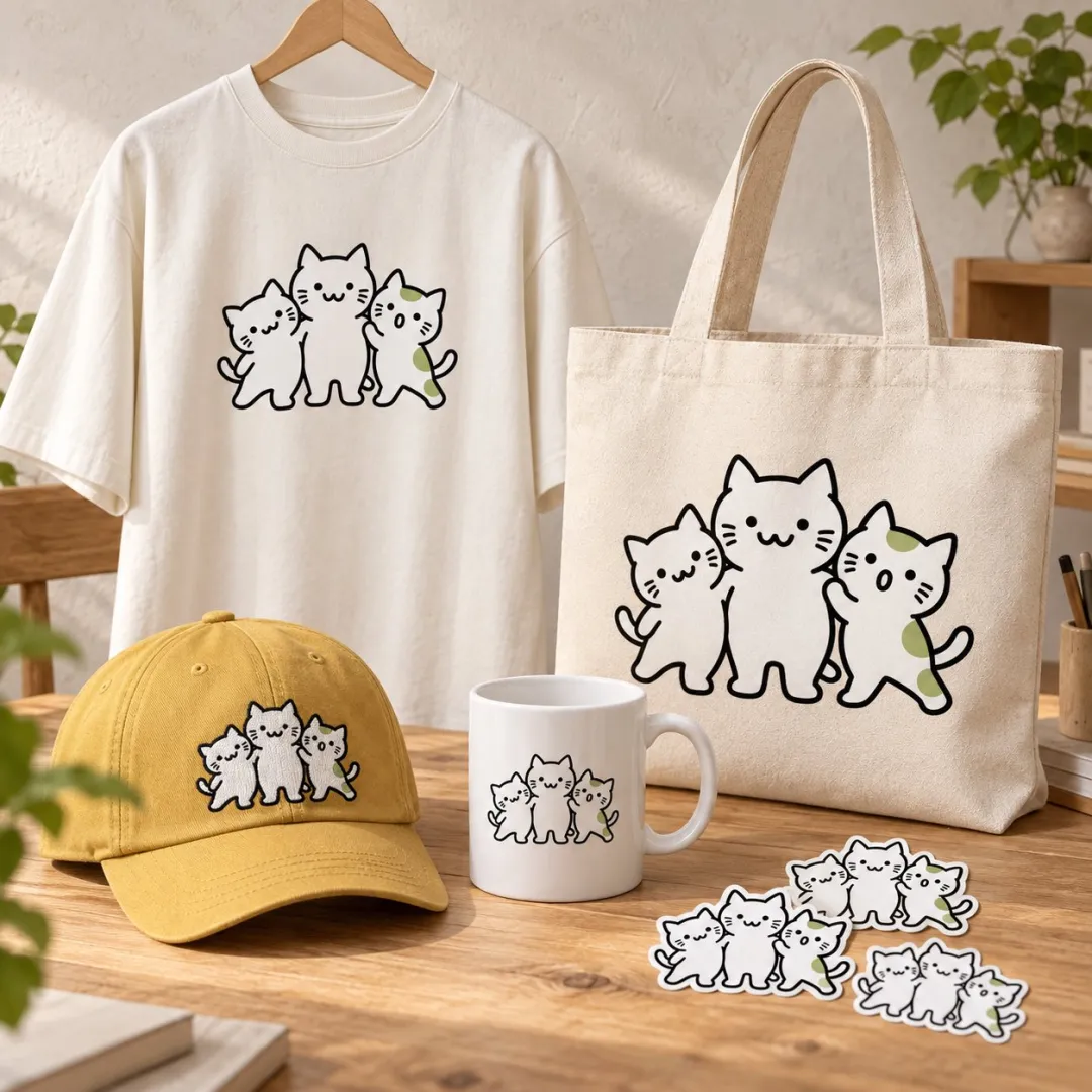 Cat-logo merchandise concepts on a shirt, tote bag, hat, mug, and stickers
