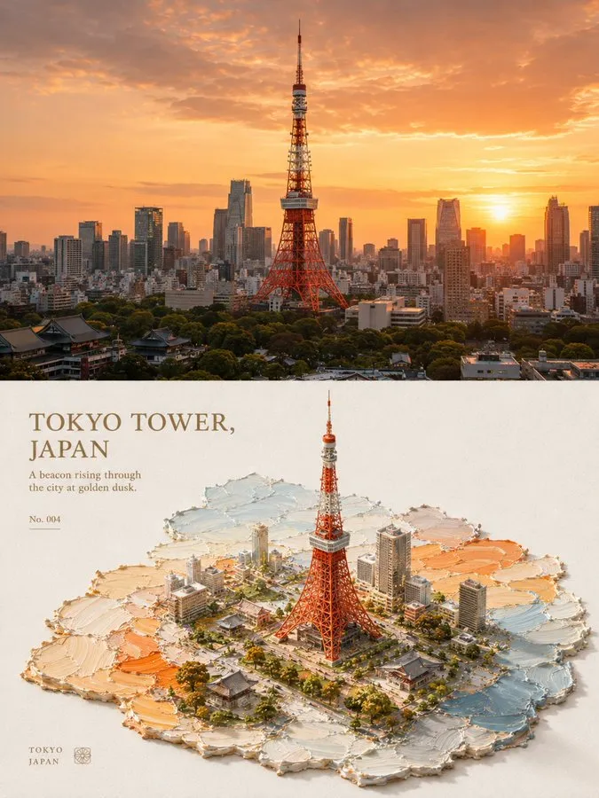 GPT Image 2 Tokyo Tower composition combining a city photograph and an illustrated miniature