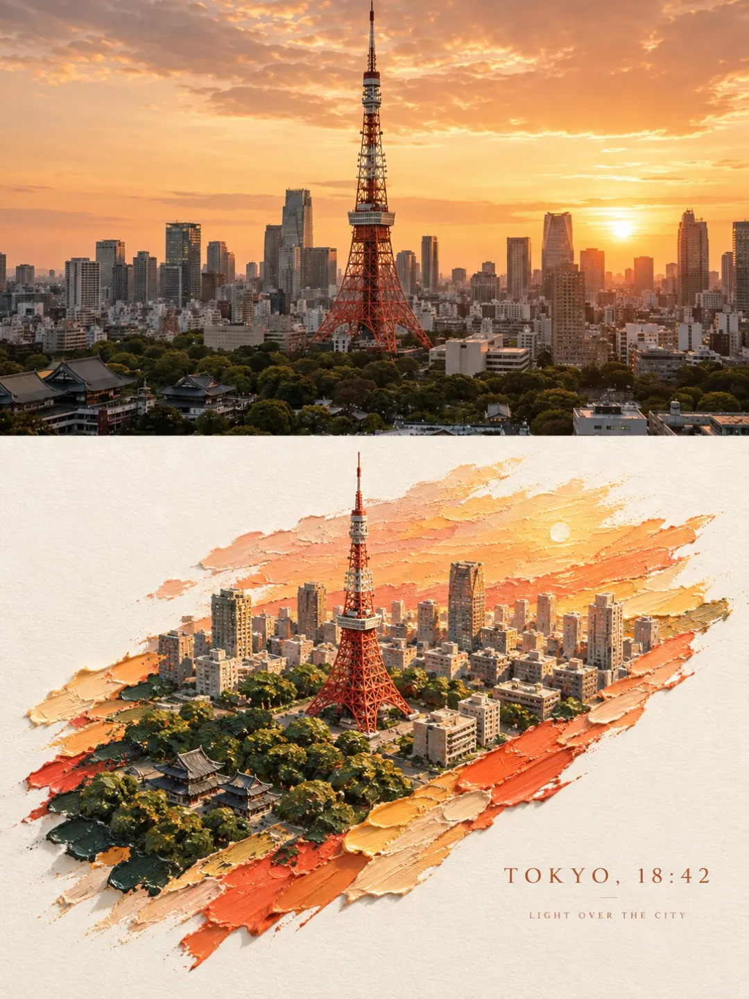 GPT Image 2.5 Tokyo Tower composition combining a city photograph and an illustrated miniature
