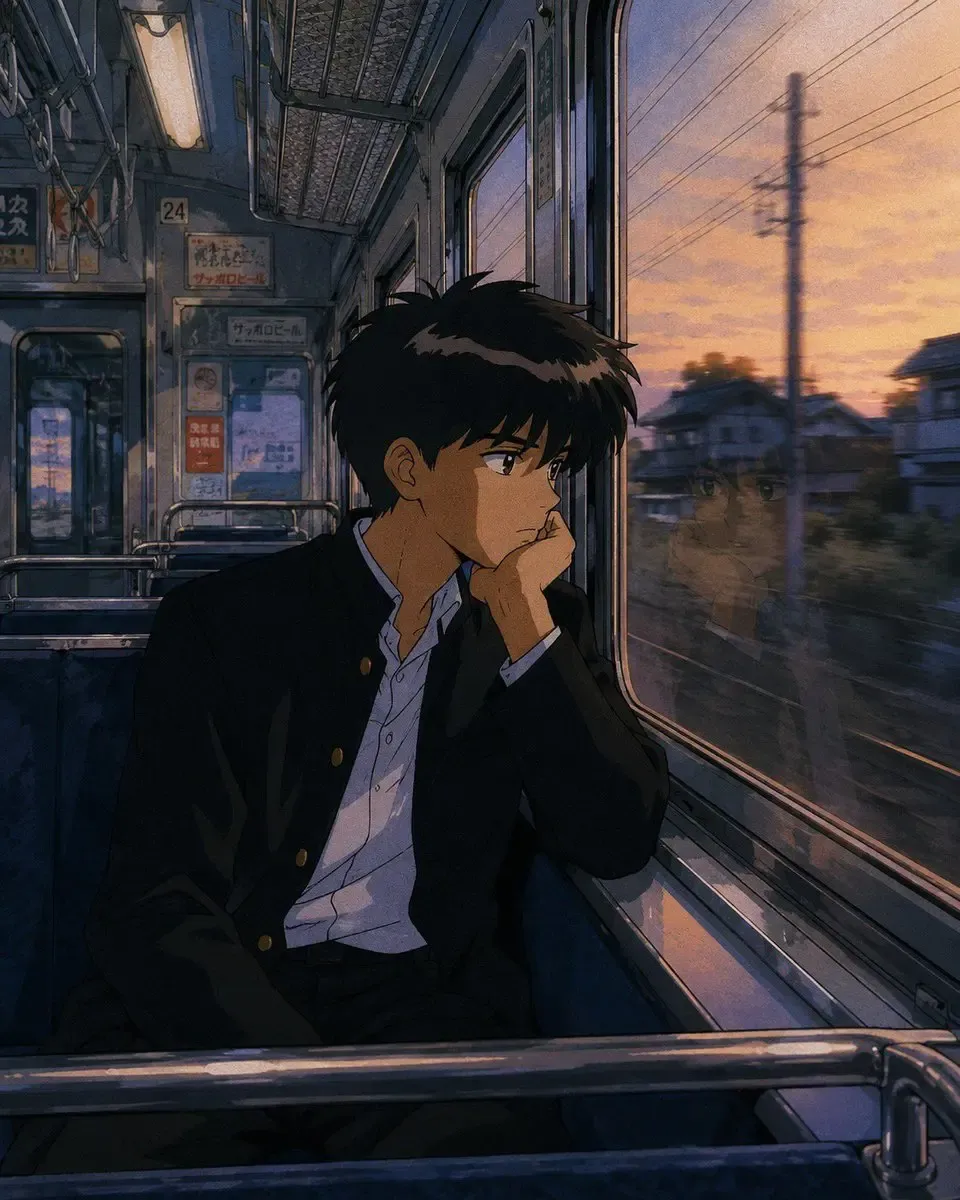 Illustrated train portrait with deep shadows and a muted sunset palette