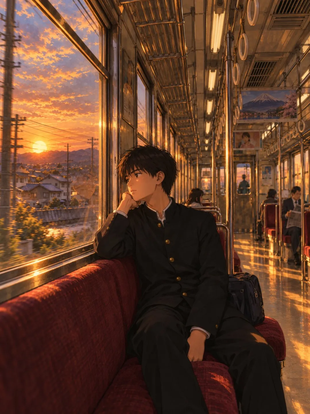 Illustrated train portrait with warmer highlights and a brighter interior