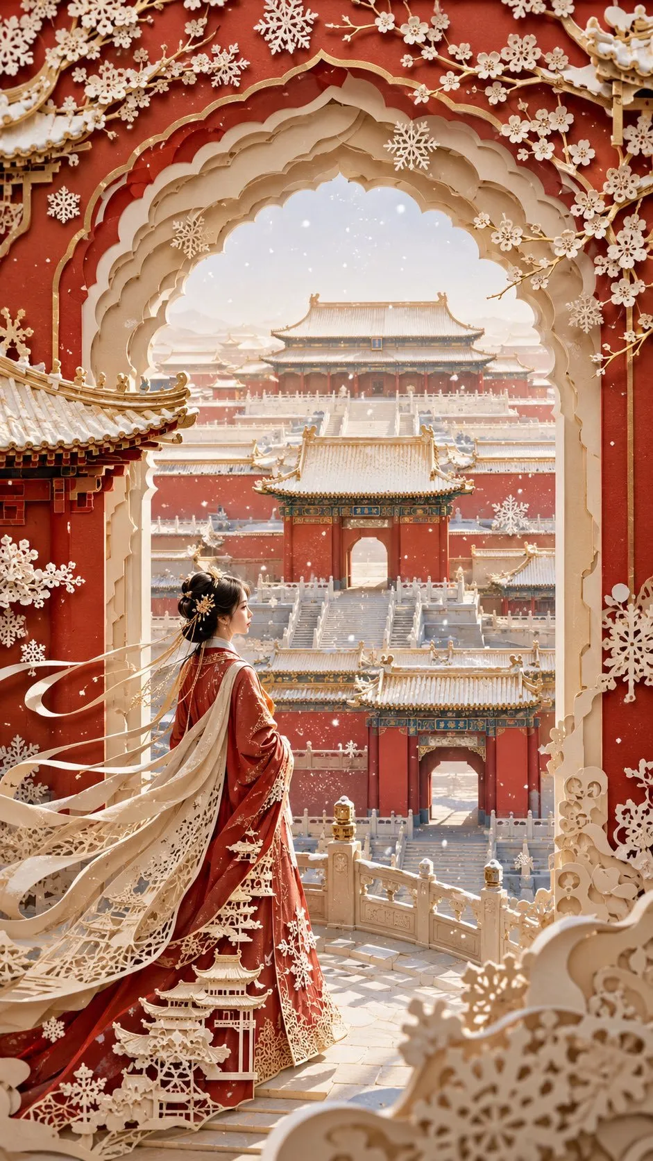 Layered red-and-cream paper-art palace scene with a foreground figure