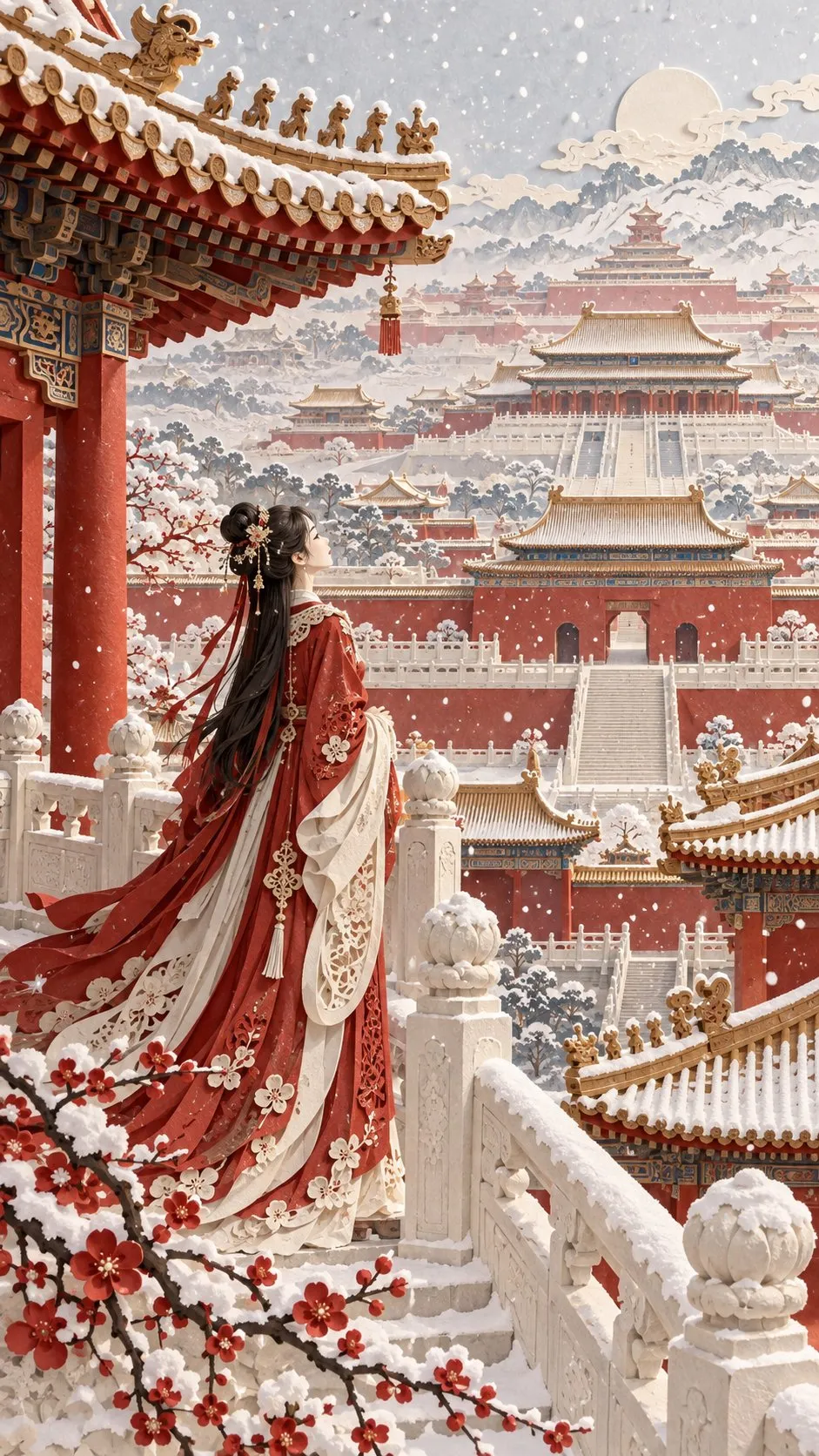 Alternative layered paper-art palace scene with falling petals