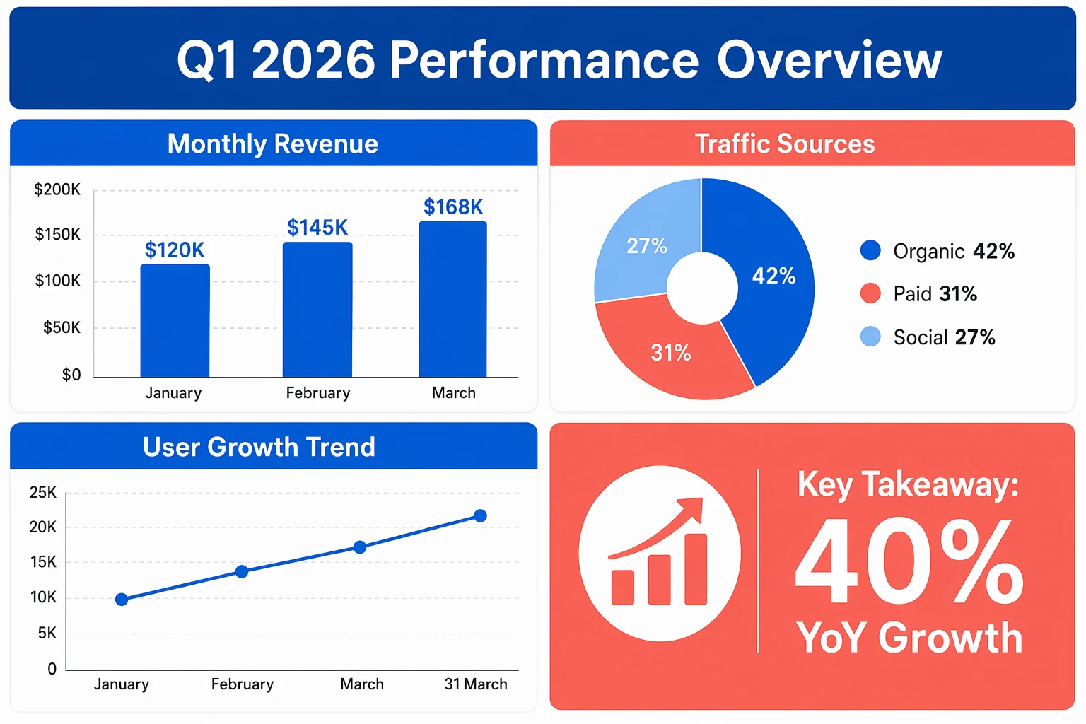 Инфографика «Q1 2026 Performance Overview» — столбчатая, кольцевая, линейная диаграммы и ключевой вывод сгенерированы за один проход