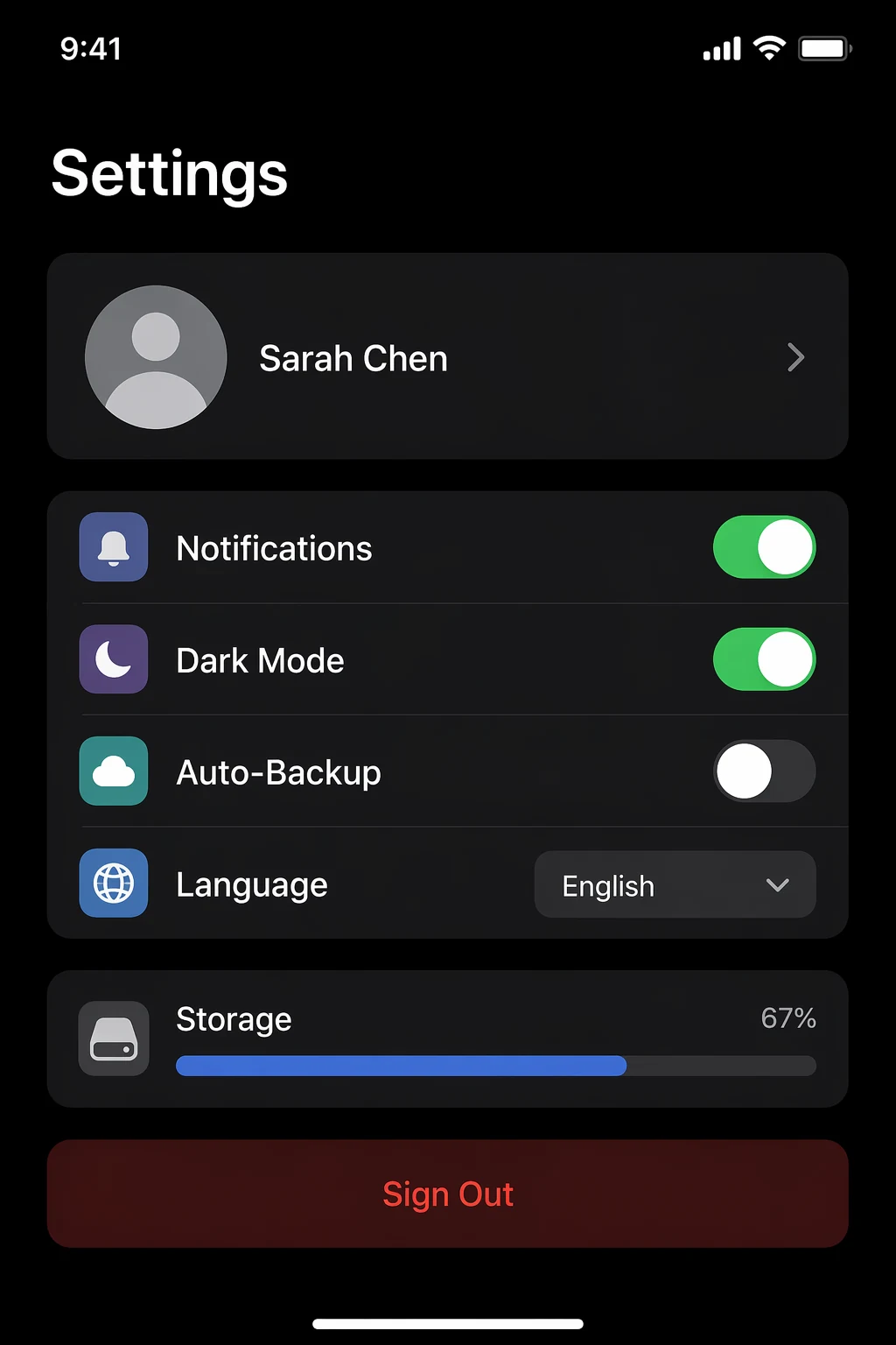 Вывод GPT-Image-2 UI настроек iOS — подписи понятны, состояния переключателей корректны, контраст разумный