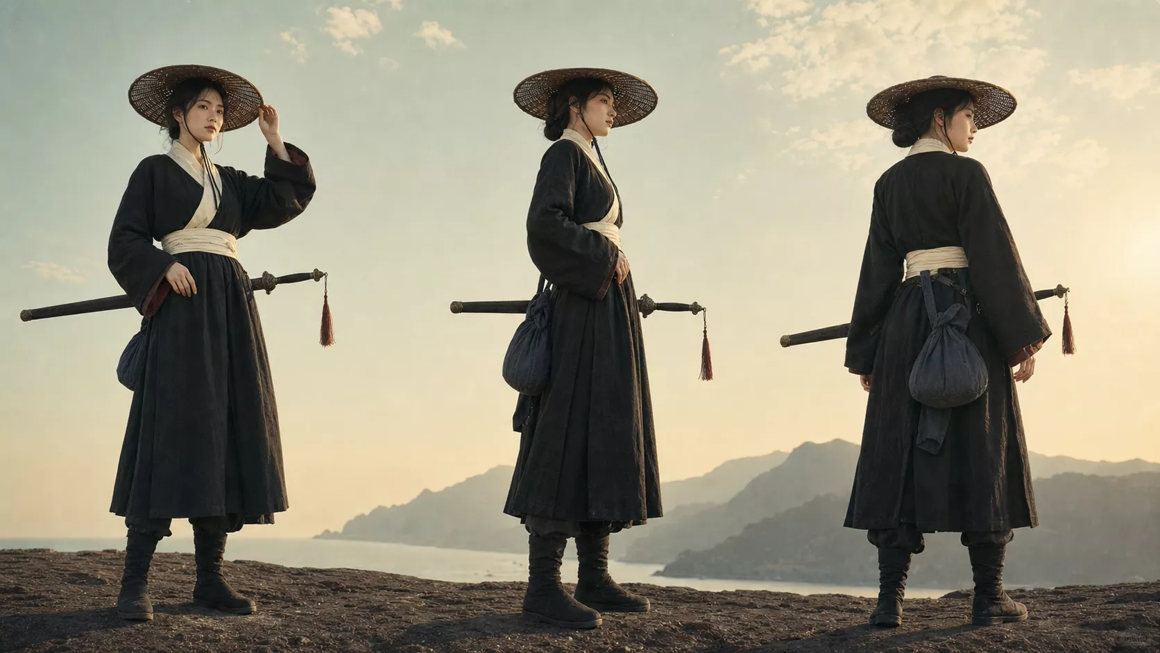 Three reference views of the same sword-wielding character in a Kling 4 demonstration