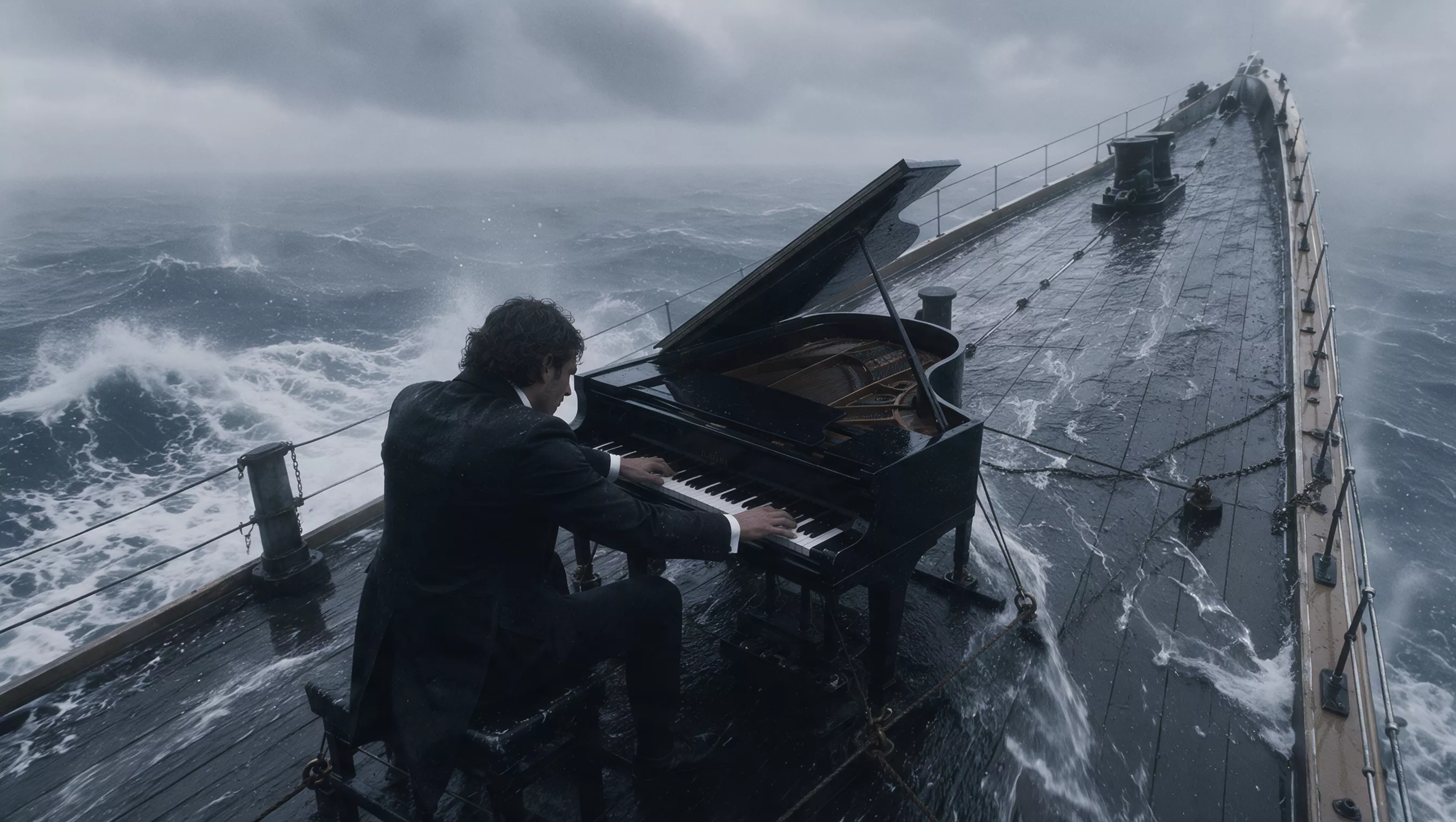 Kling 4 demonstration frame of a pianist performing on a ship in a storm