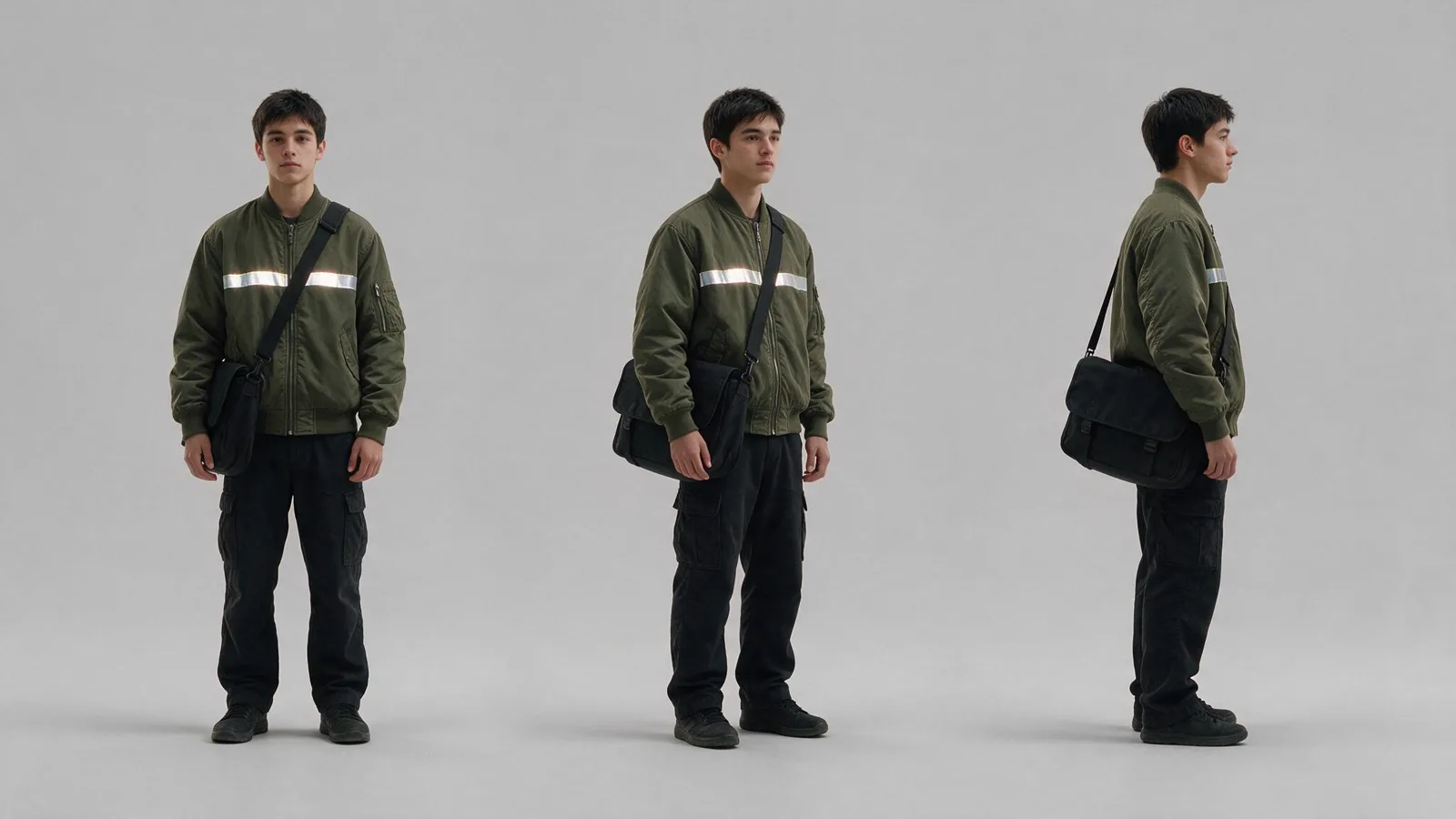 @Image 1 — the courier's character sheet: front, three-quarter and side views