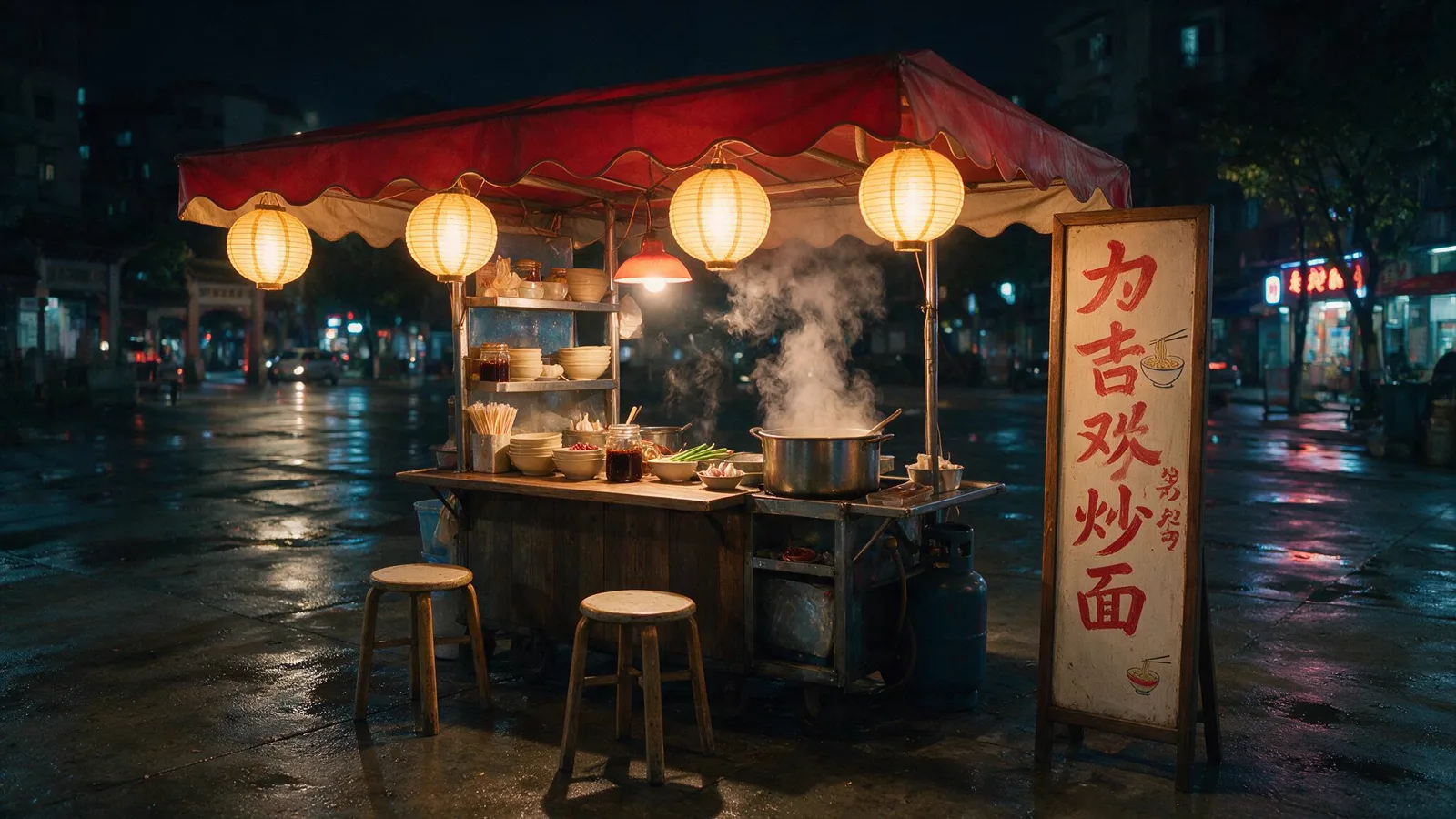 @Image 2 — the noodle stall: red awning, paper lanterns, painted sign
