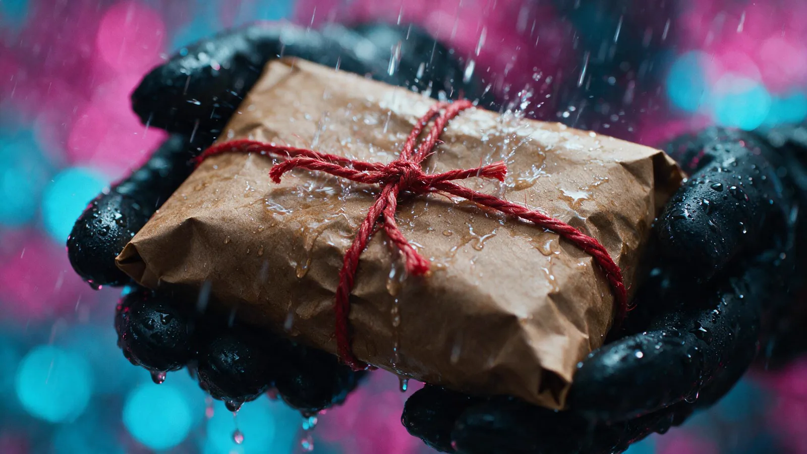 @Image 4 — the intended opening frame: rain on a parcel in gloved hands